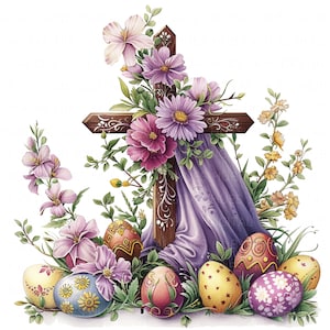 Könnte beinhalten: Ein hölzernes Kreuz, das mit lila Blumen geschmückt ist und mit einem lila Tuch bedeckt ist. Um das Kreuz herum liegen bunte Ostereier mit kunstvollen Mustern.