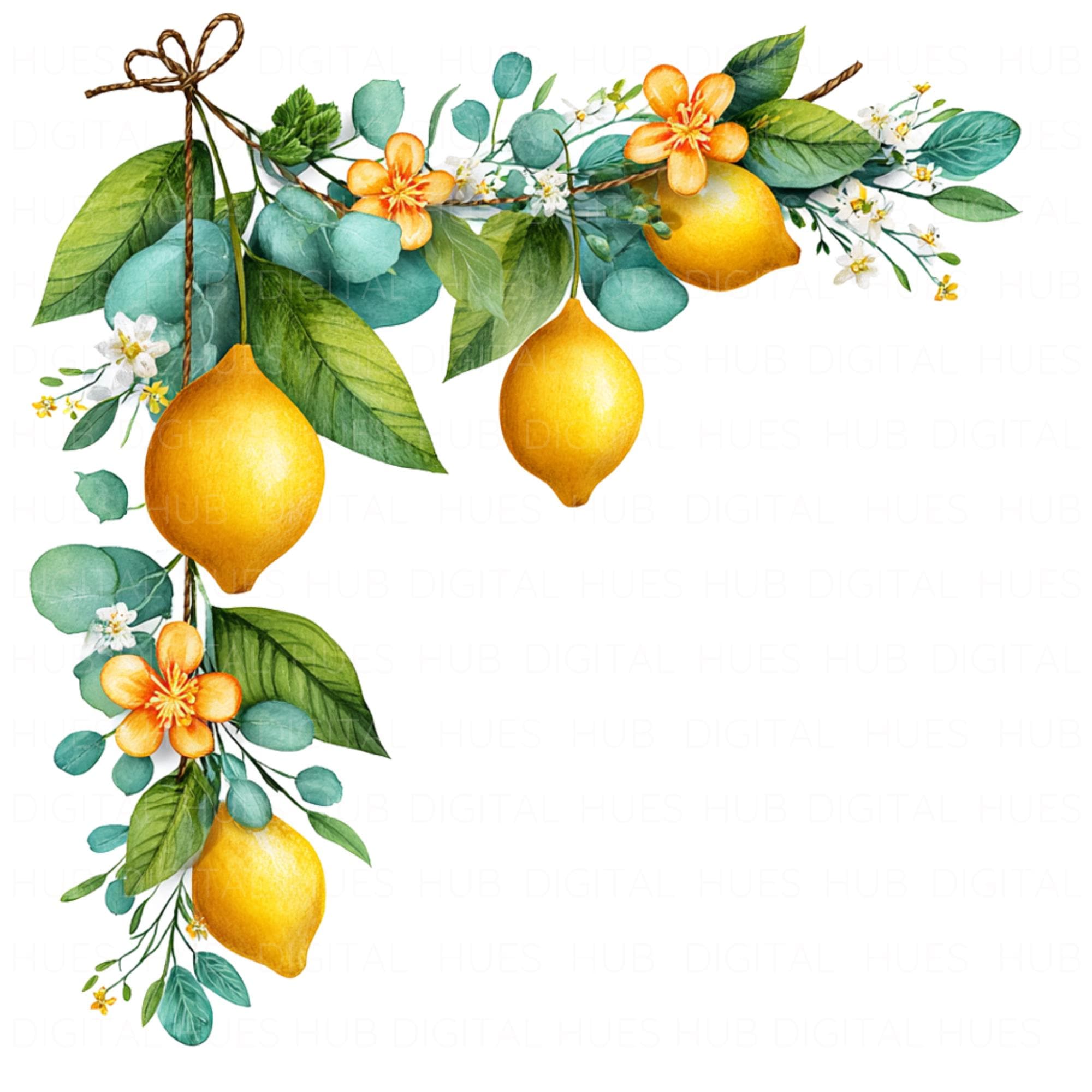 17 Lemon Border Clipart Watercolor Mediterranean Decor Lemon Garland ...