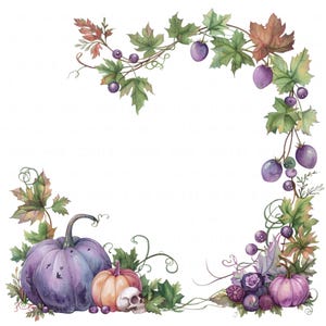 May include: Watercolor illustration featuring a fall-themed design. The image showcases a purple pumpkin, an orange pumpkin, and a skull, surrounded by green leaves, purple plums, and vines. The design has a white background.