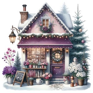 12 Christmas Coffee House Clipart Watercolor Cozy Coffee Shop Street Cafe Printable High Quality JPEG For Junk Journal Paper Craft Scrapbook