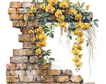 10 Amarelo Orquídea Tijolo Parede Clipart Aquarela Jardim Clipart Floral Parede Imprimível Alta Qualidade JPEG Junk Journal Scrapbook Papel Artesanato DIY