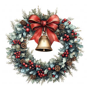 16 Clipart guirlande de cloches de Noël aquarelle vacances festives imprimable JPEG haute qualité pour les journaux indésirables en papier Artisanat en papier Scrapbooking fabrication de cartes
