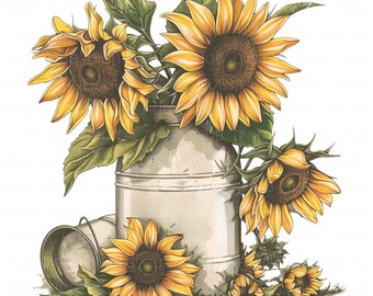 Könnte beinhalten: Aquarell-Illustration von Sonnenblumen in einem Vintage-Milchkrug aus Metall. Die Sonnenblumen haben gelbe Blütenblätter und braune Zentren, mit grünen Blättern. Ein kleiner Metalleimer steht neben dem Krug, und weitere Sonnenblumen sind verstreut.