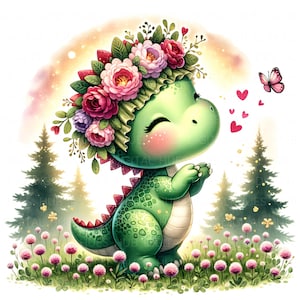 16 Baby Dinosaur Blowing Kisses Clipart Watercolor Cartoon Dinosaur Printable High Quality JPEG Junk Journal Paper Craft Scrapbook Nursery