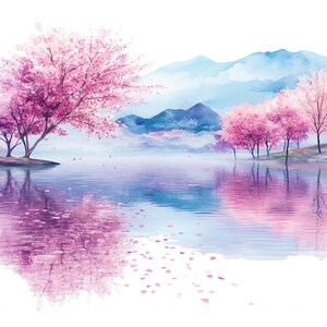13 Clipart di paesaggi di fiori di ciliegio, acquerello, bellissimi scenari primaverili, stampabili, JPEG di alta qualità, scrapbooking, carta artigianale