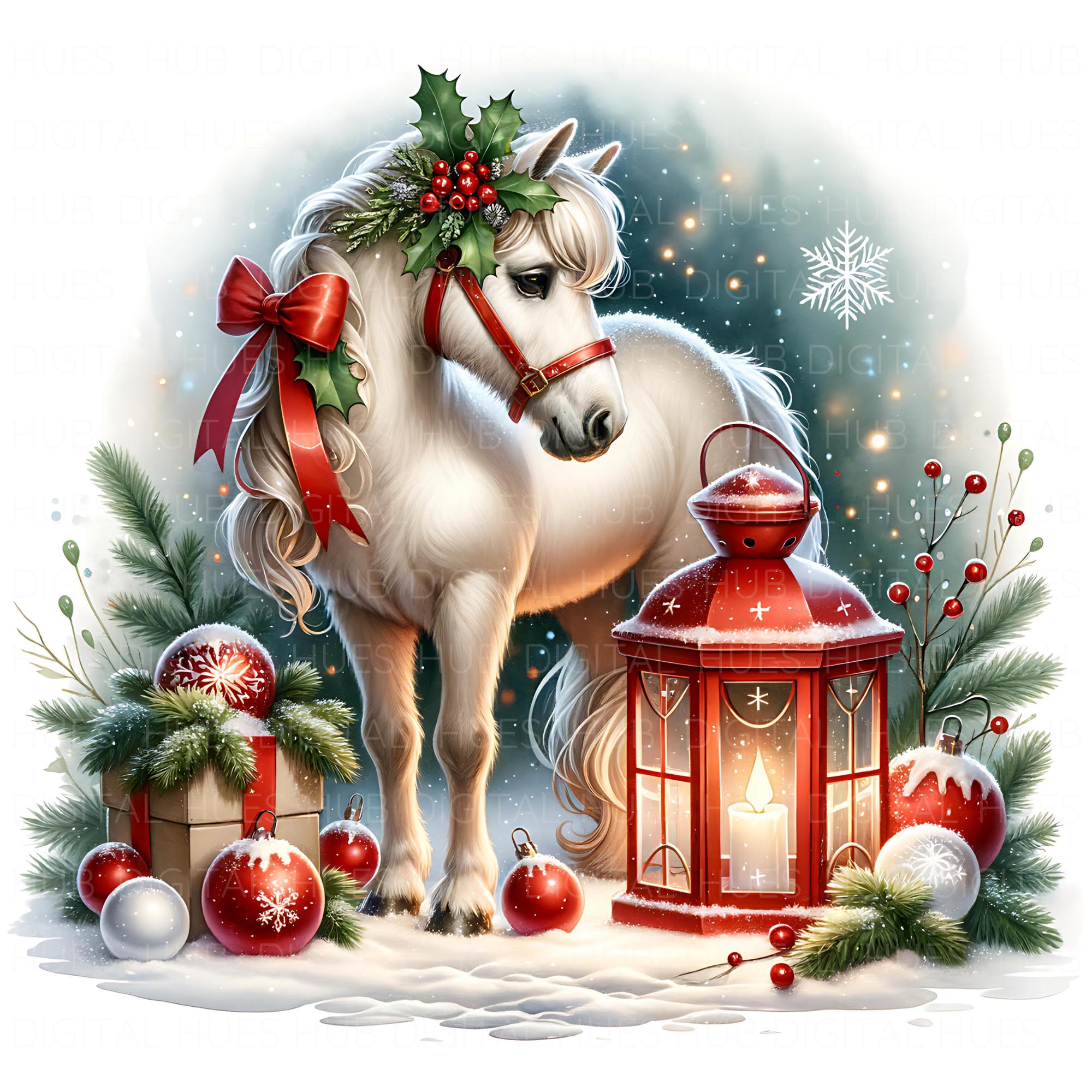 17 Christmas Horse Clipart: Watercolor Snowy Winter Scene JPEG, Festive ...