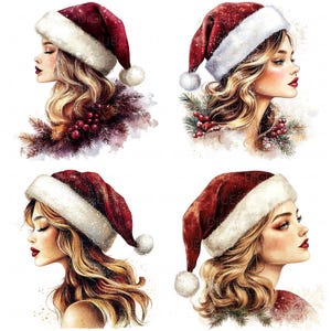 17 Girl With Santa Cap Clipart Watercolor Holiday Graphics Printable High Quality JPEG For Junk Journals Paper Crafts Scrapbook Cards DIYs