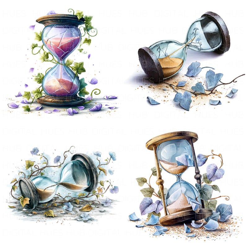 16 Broken Hourglass Clipart Watercolor Sand Clock Art Sandglass Timer ...