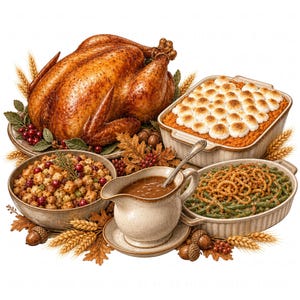 May include: A roasted whole turkey on a platter, a casserole dish with sweet potatoes topped with toasted marshmallows, a bowl of stuffing with cranberries, a gravy boat with brown sauce, and green beans with fried onion toppings.