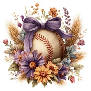 May include: A watercolor illustration of a baseball with a purple bow, surrounded by a bouquet of fall flowers, including purple asters, yellow mums, and wheat stalks.