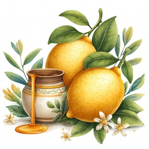 May include: Watercolor illustration of lemons, honey, and leaves. Two bright yellow lemons are surrounded by green leaves and white blossoms. A small ceramic jar with honey dripping from it is also featured in the image.