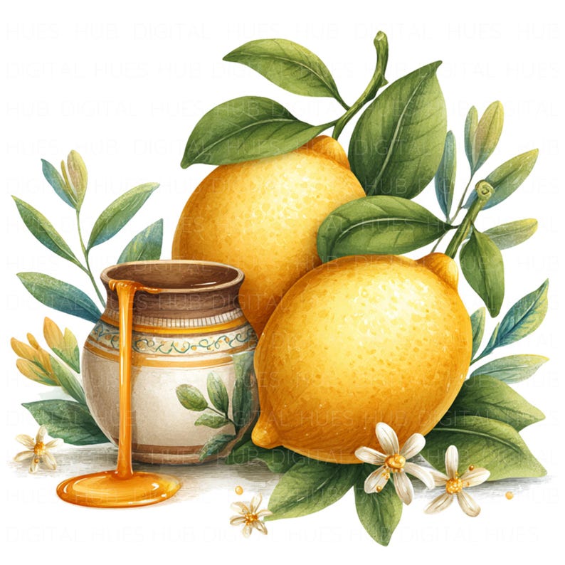 May include: Watercolor illustration of lemons, honey, and leaves. Two bright yellow lemons are surrounded by green leaves and white blossoms. A small ceramic jar with honey dripping from it is also featured in the image.