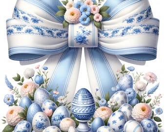 10 blå Chinoiserie påskbågar Clipart: Akvarell Cottagecore Grandmillennial JPEG, digital nedladdning av vårbågar för skräpjournaler och kort