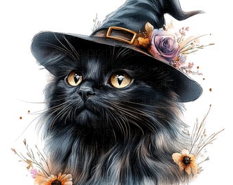 12 Halloween Cat Clipart Watercolor Black Cat with Witch Hat Clipart High Quality JPEG Printable For Scrapbook Junk Journal Paper Craft DIY