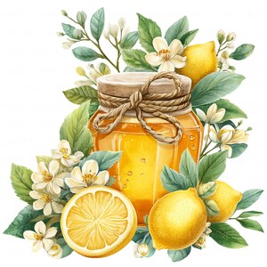 May include: A watercolor illustration of a jar of honey with a wooden lid tied with twine. The jar is surrounded by lemons, white flowers, and green leaves. One lemon is sliced, revealing its yellow interior.