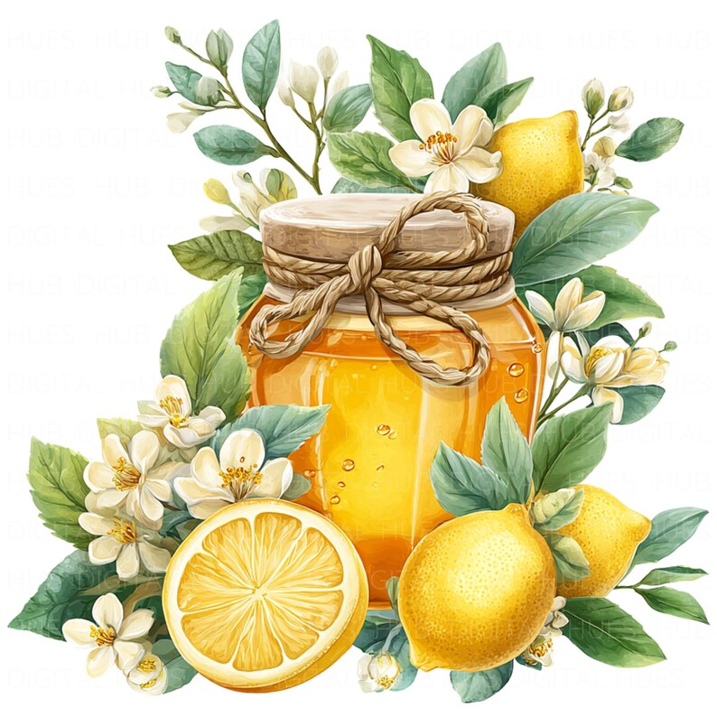 May include: A watercolor illustration of a jar of honey with a wooden lid tied with twine. The jar is surrounded by lemons, white flowers, and green leaves. One lemon is sliced, revealing its yellow interior.