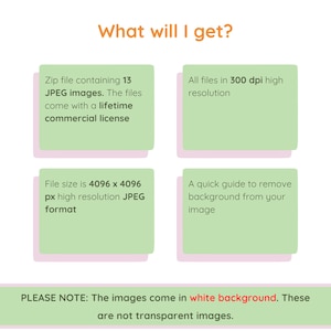 May include: A graphic with the text "What will I get?" and four green rectangles with white text. The rectangles describe the product as a zip file with 13 JPEG images, a lifetime commercial license, 300 dpi resolution, and a quick guide.