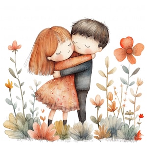 12 Cute Couple Hugging Clipart Watercolor Romantic Teens Lover Printable High Quality JPEG Paper Craft Journal Valentine's Day Wedding Card