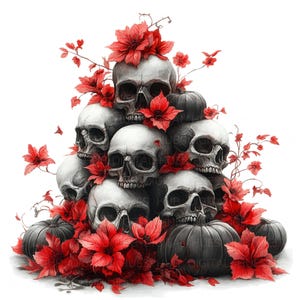 11 Tête de mort noir blanc avec fleurs rouges Clipart aquarelle tête de mort squelette haute qualité JPEG imprimable pour scrapbooking, journaux indésirables, travaux manuels en papier