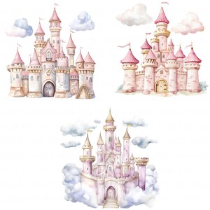 May include: Three watercolor illustrations of pink castles with gold accents. The castles are surrounded by clouds. The first castle has a tall tower and a pointed roof. The second castle has a more traditional design with a square tower and a flat roof. The third castle is floating in the clouds and has a more whimsical design.
