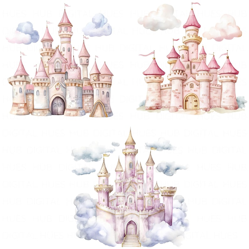 May include: Three watercolor illustrations of pink castles with gold accents. The castles are surrounded by clouds. The first castle has a tall tower and a pointed roof. The second castle has a more traditional design with a square tower and a flat roof. The third castle is floating in the clouds and has a more whimsical design.