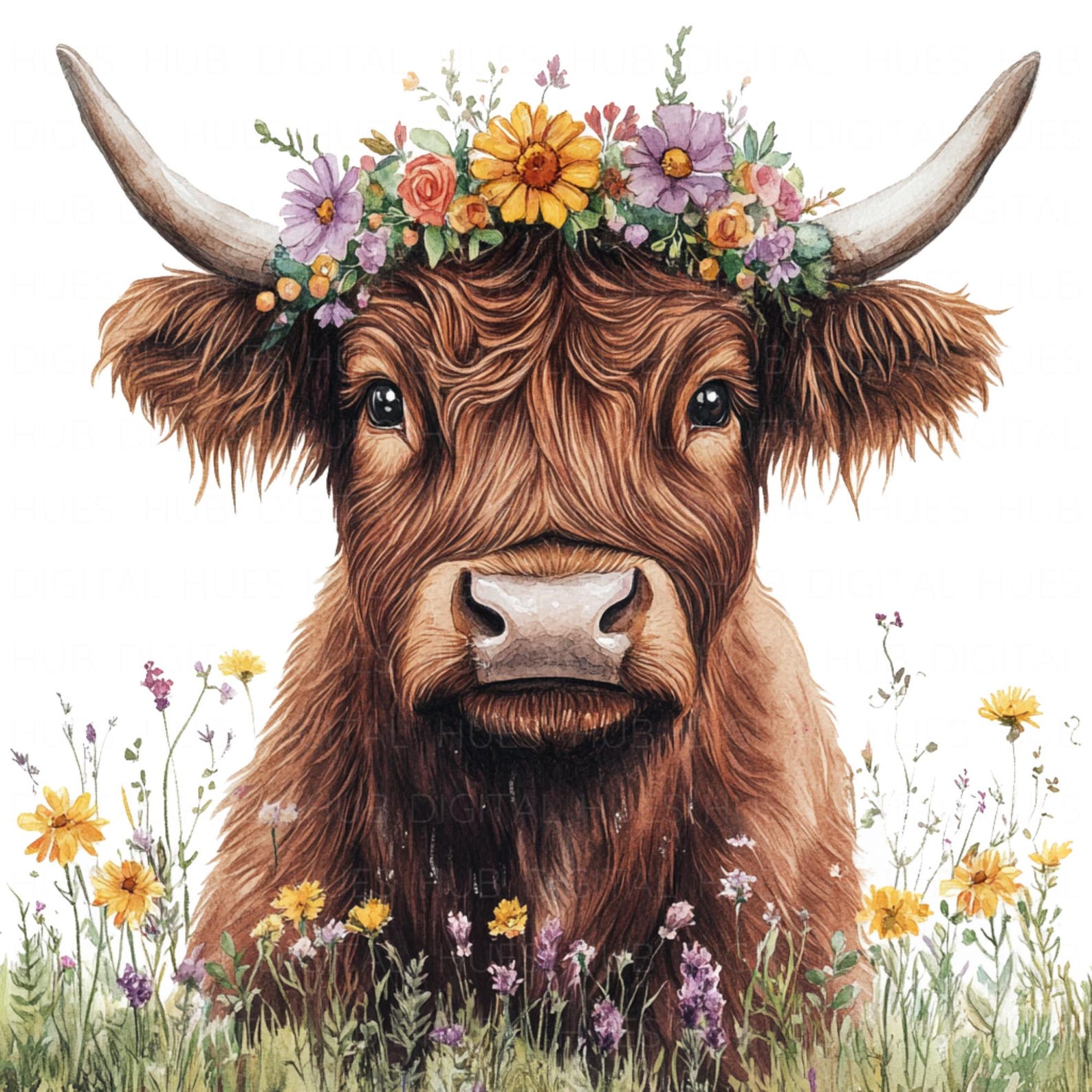 12 Floral Highland Cow Clipart Watercolor Cow in Meadow Cottage Farm ...