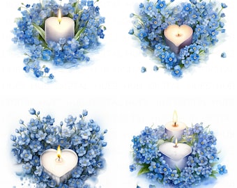 11 Forget Me Not with Candle Clipart Bundle Watercolor Floral Candle Printable High Quality JPEG for Junk Journal Paper Craft Scrapbook DIYs