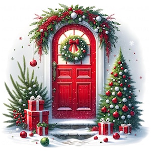 May include: A festive Christmas scene with a red front door decorated with a wreath and garland. A decorated Christmas tree and wrapped gifts are on the snowy ground. Red and white baubles and snow complete the holiday setting.