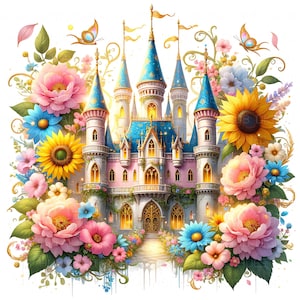 10 Floral Princess Castle Clipart Watercolor Pastel Fairytale Magical Kingdom Printable High Quality JPEG Junk Journal Paper Craft Scrapbook