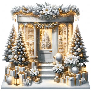 10 snöiga julbutiker Clipart: Akvarell festlig julbutik med presenter och dekorationer JPEG, digital nedladdning för julskräpjournal