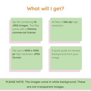 May include: A graphic with text that says "What will I get?" and lists the details of a digital product. The product includes 10 high-resolution JPEG images, each 4096 x 4096 pixels, with a lifetime commercial license. The images are 300 dpi and come with a guide to remove the background.