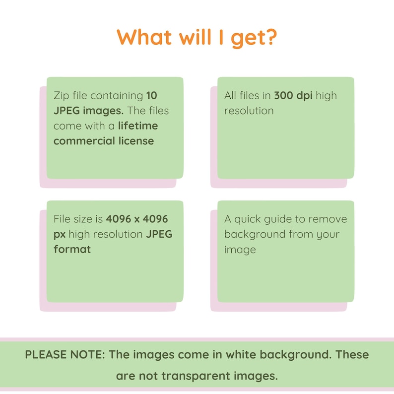 May include: A graphic with text that says "What will I get?" and lists the details of a digital product. The product includes 10 high-resolution JPEG images, each 4096 x 4096 pixels, with a lifetime commercial license. The images are 300 dpi and come with a guide to remove the background.
