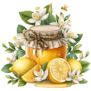 May include: Watercolor illustration of a honey jar with a beige lid tied with twine, surrounded by lemons, lemon slices, white blossoms, green leaves, and a flying bee. The jar is filled with golden honey.