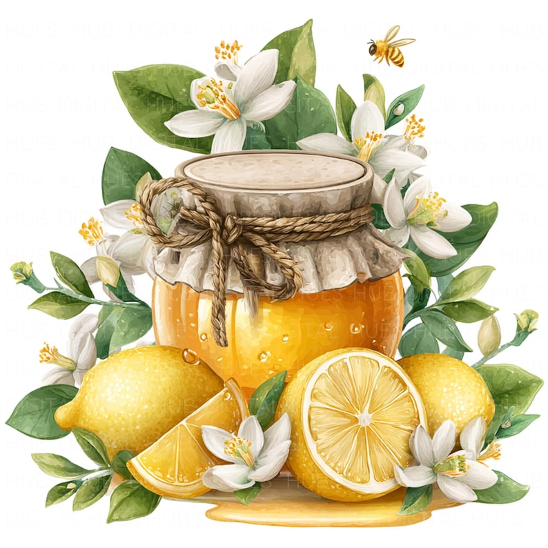 May include: Watercolor illustration of a honey jar with a beige lid tied with twine, surrounded by lemons, lemon slices, white blossoms, green leaves, and a flying bee. The jar is filled with golden honey.
