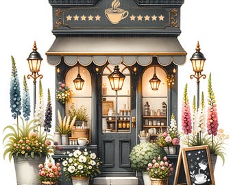 10 Coffee House Clipart Watercolor Cozy Coffee Shop Street Cafe And Bakery Printable High Quality JPG For Junk Journal Paper Craft Scrapbook