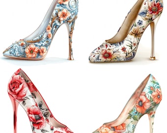 14 Floral Pattern Shoes Clipart Watercolor High Heels Cute Prom Shoes High Quality PNG Printable For Scrapbook Junk Journal Paper Craft DIY