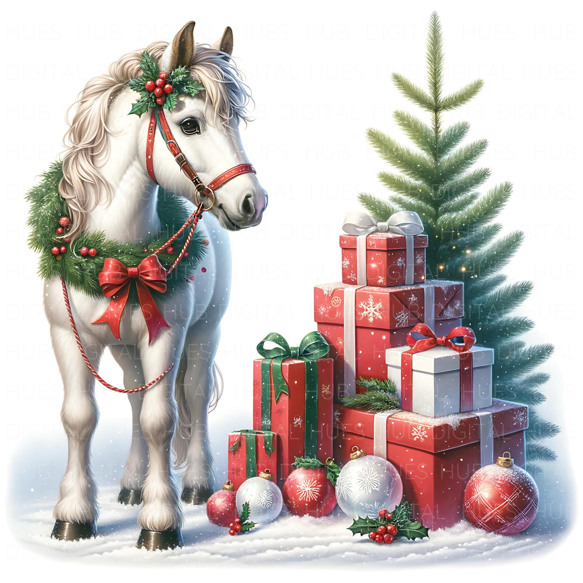 17 Christmas Horse Clipart: Watercolor Snowy Winter Scene JPEG, Festive ...