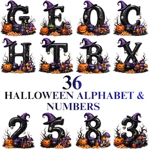 36 Halloween Alphabet And Numbers Clipart: Watercolor Spooky Letters JPEG, Halloween Party Font with Skull Pumpkin Cauldron Digital Download