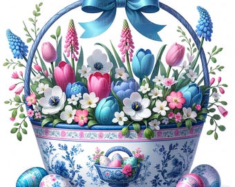 12 Chinoiserie påskkorgar Clipart: Akvarell Cottagecore Grandmillennial JPEG, vårblommor och ägg digital nedladdning för kort och dekor