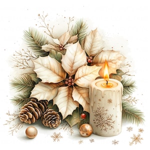 10 weiße Weihnachtsstern Blumen Kerzen Clipart Aquarell Weihnachten Grafiken Printable High Quality JPEG für Junk Journal Papier Handwerk Scrapbook