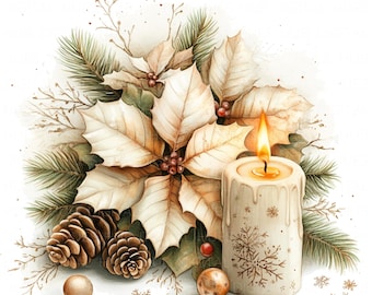 10 White Poinsettia Flowers Candles Clipart Watercolor Christmas Graphics Printable High Quality JPEG For Junk Journal Paper Craft Scrapbook