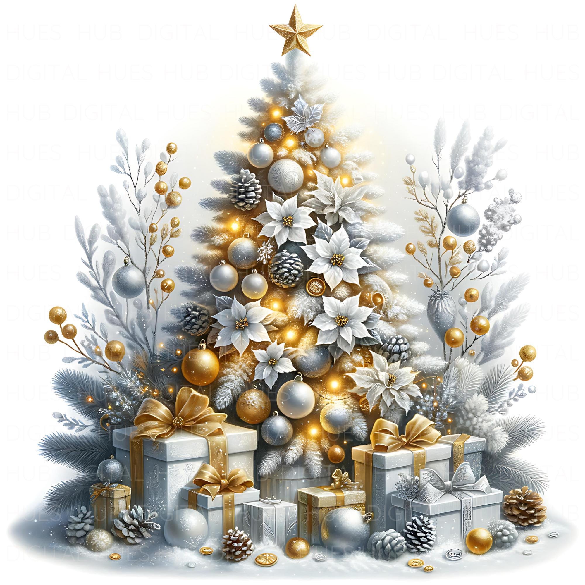 10枚の白いクリスマスツリーのクリップアート：オーナメントと