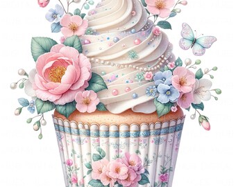 10 akvarell Chinoiserie påskmuffins Clipart: Grandmillennial, påskgodis JPG, äggfödelsedagsmuffins digital nedladdning för kort, dekoration