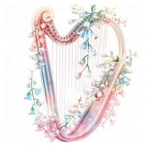 12 Watercolor Floral Harp Clipart Bundle Magic Lyre Printable High ...