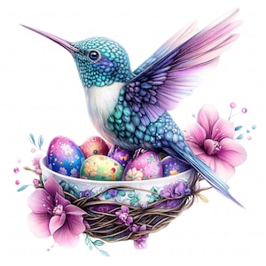 14 Oeufs de Pâques aquarelle de clipart nid de colibri dans une tasse de thé imprimable haute qualité JPEG Junk Journal Paper Craft Scrapbook Nursery