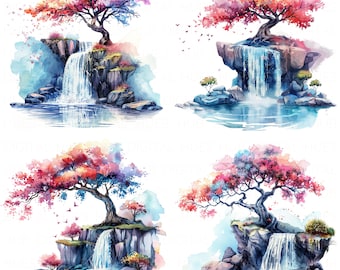 13 Tree and Waterfall Clipart Bundle Watercolor Landscape Clipart High Quality JPEG Printable For Scrapbook Junk Journal Paper Craft DIYs