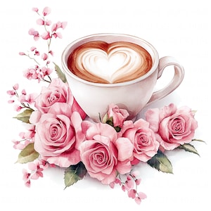 14 Clipart café Saint-Valentin rose rose aquarelle amateur de café imprimable haute qualité JPEG pour carnet d'artisanat en papier carte de mariage Saint-Valentin