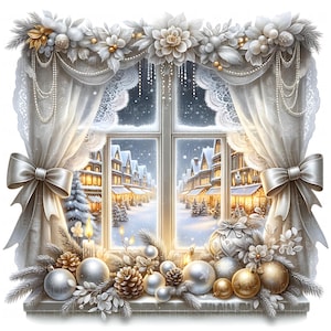 以下が含まれることがあります： 白いレースのカーテン、リボン、ガーランドで飾られた窓から見える冬の景色。窓からは、雪が降る通りとライトアップされた建物が見えます。銀と金のオーナメント、松ぼっくり、ろうそくが窓辺を飾り、お祝いの雰囲気を醸し出しています。