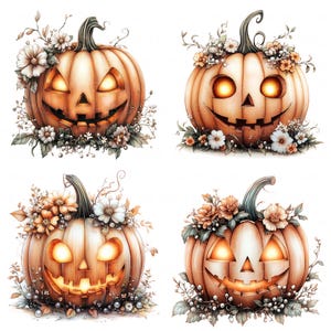 14 Jack O Lantern Clipart aquarelle Halloween citrouille visage sculpture imprimable haute qualité JPEG pour scrapbooking journal indésirable papier artisanat carte