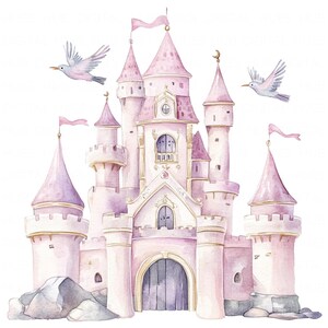 May include: A pink watercolor illustration of a fairytale castle with gold accents and two birds flying above. The castle has multiple towers and a large arched doorway.